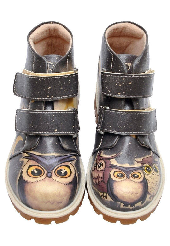 Çocuk Vegan Deri Siyah Günlük Bot - Owls Family Tasarım - 3