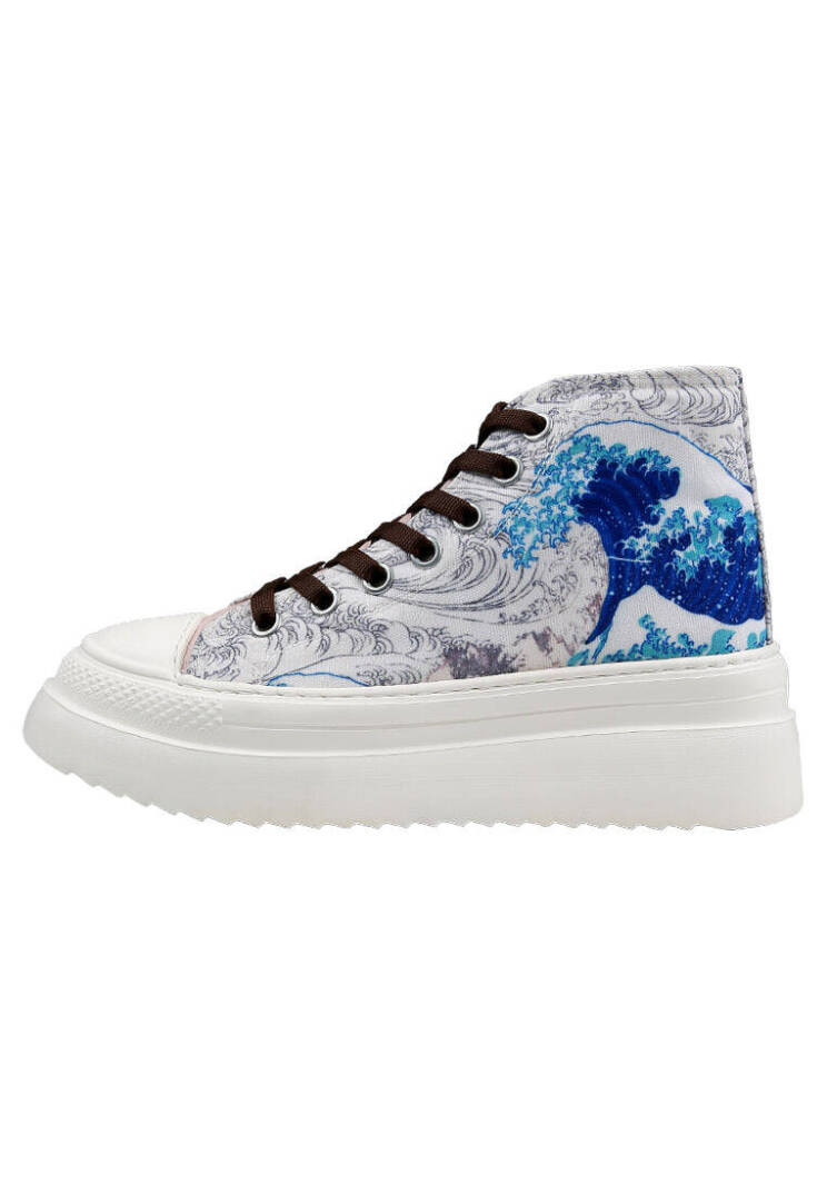 Kadın Vegan Bej Kalın Taban High Sneakers - Japanese Waves Tasarım - 1