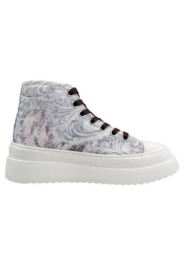 Kadın Vegan Bej Kalın Taban High Sneakers - Japanese Waves Tasarım - 3