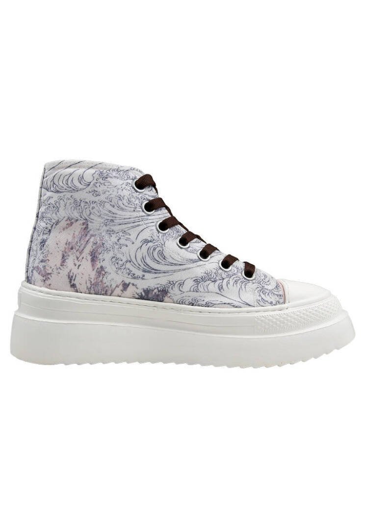 Kadın Vegan Bej Kalın Taban High Sneakers - Japanese Waves Tasarım - 3