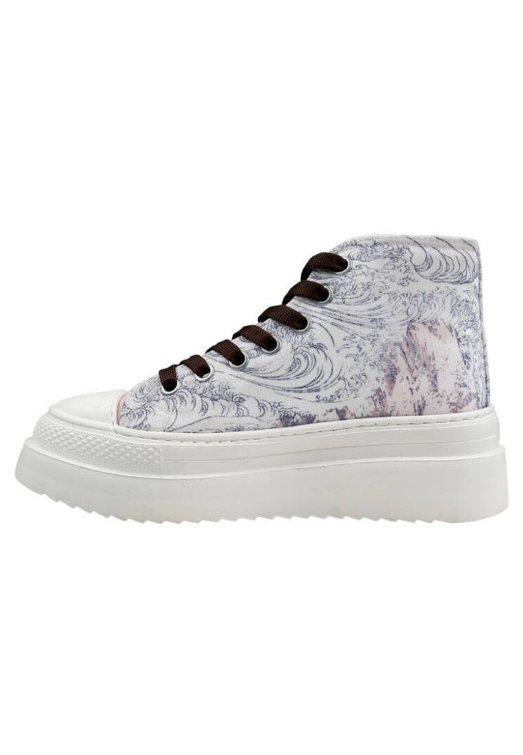 Kadın Vegan Bej Kalın Taban High Sneakers - Japanese Waves Tasarım - 5