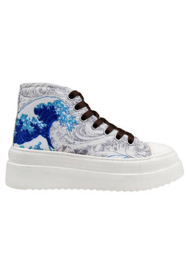 Kadın Vegan Bej Kalın Taban High Sneakers - Japanese Waves Tasarım - 6
