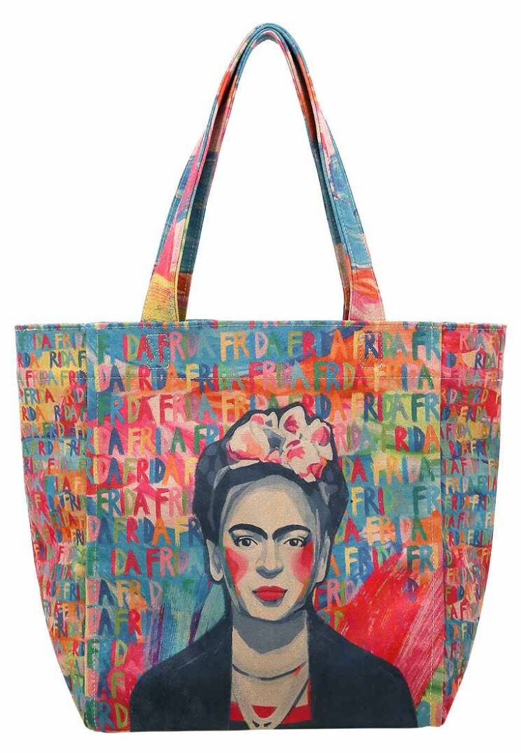 Kadın Vegan Çok Renkli Large Tote Bag - Frida Kahlo in Letters Tasarım - 3