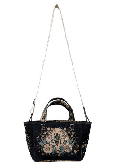 Kadın Vegan Deri Antrasit Medium Tote Bag - Bee with Flowers Tasarım - 5