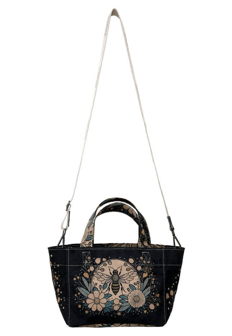 Kadın Vegan Deri Antrasit Medium Tote Bag - Bee with Flowers Tasarım - 5