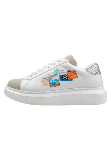 Kadın Vegan Deri Beyaz Sneakers - Travel Collage Tasarım - 3