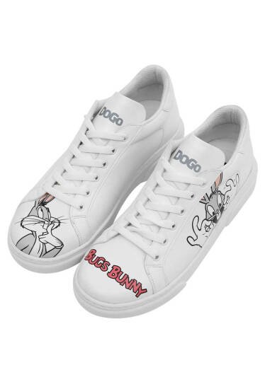 Kadın Vegan Deri Beyaz Sneakers - Whats Up Doc? Bugs Bunny Tasarım (1)