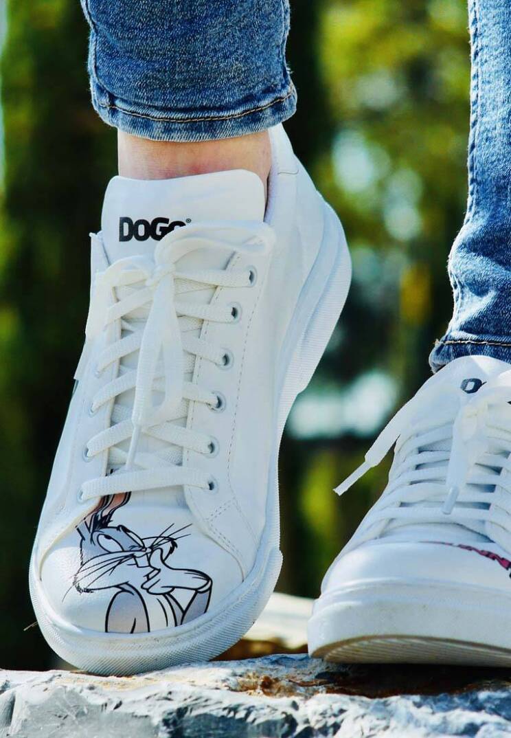 Kadın Vegan Deri Beyaz Sneakers - Whats Up Doc? Bugs Bunny Tasarım - 10