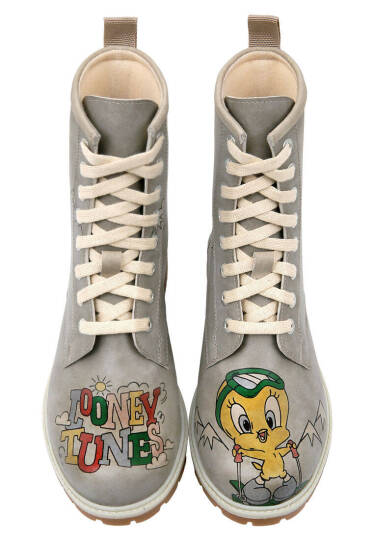 Kadın Vegan Deri Gri Uzun Bot - Warner Bros Tweety Looney Tunes Ski Club Tasarım