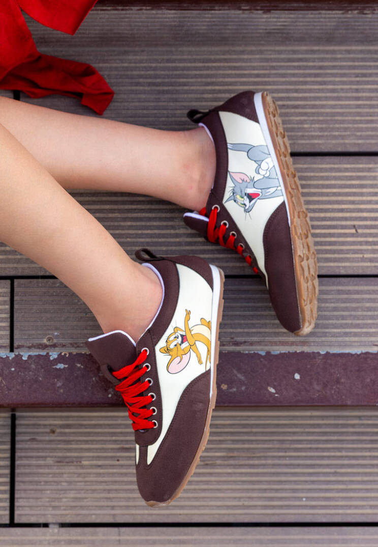 Kadın Vegan Deri Krem Sneakers - Warner Bros Looney Tunes Tom & Jerry Tasarım - 4