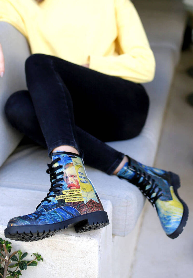 Kadın Vegan Deri Mavi Uzun Bot - Vincent van Gogh The Starry Night Collage Muse Tasarım - 4