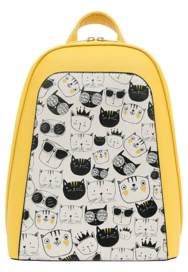 Kadın Vegan Deri Sarı Sırt Çantası - Monochrome Cats Tasarım