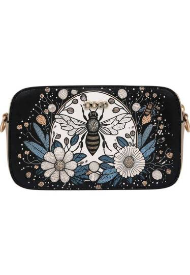 Kadın Vegan Deri Siyah El Çantası - Bee with Flowers Tasarım - 2
