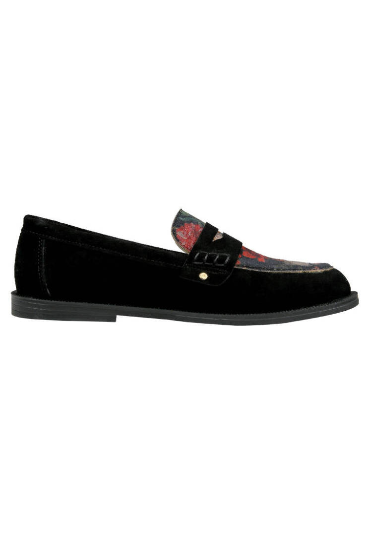 Kadın Vegan Deri Siyah Loafer - Black Floral Tasarım - 4