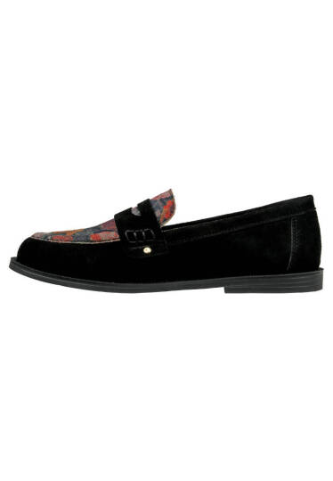 Kadın Vegan Deri Siyah Loafer - Black Floral Tasarım - 6