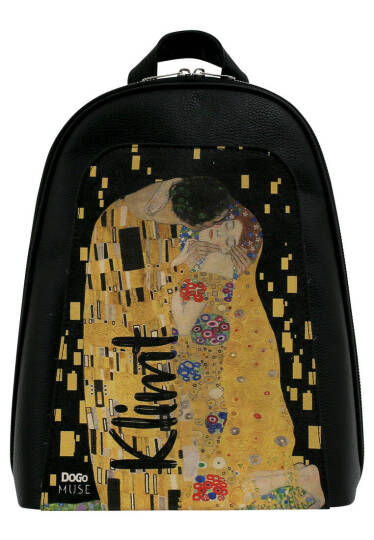 Kadın Vegan Deri Siyah Sırt Çantası - Gustav Klimt The Kiss Muse Tasarım