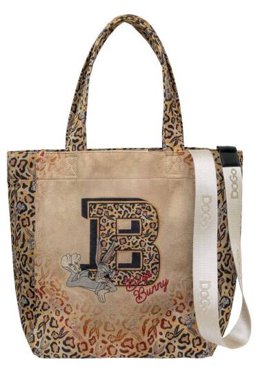 Kadın Vegan Krem Leopar Large Tote Bag - Warner Bros Looney Tunes Leopard Bugs Bunny Tasarım (1)