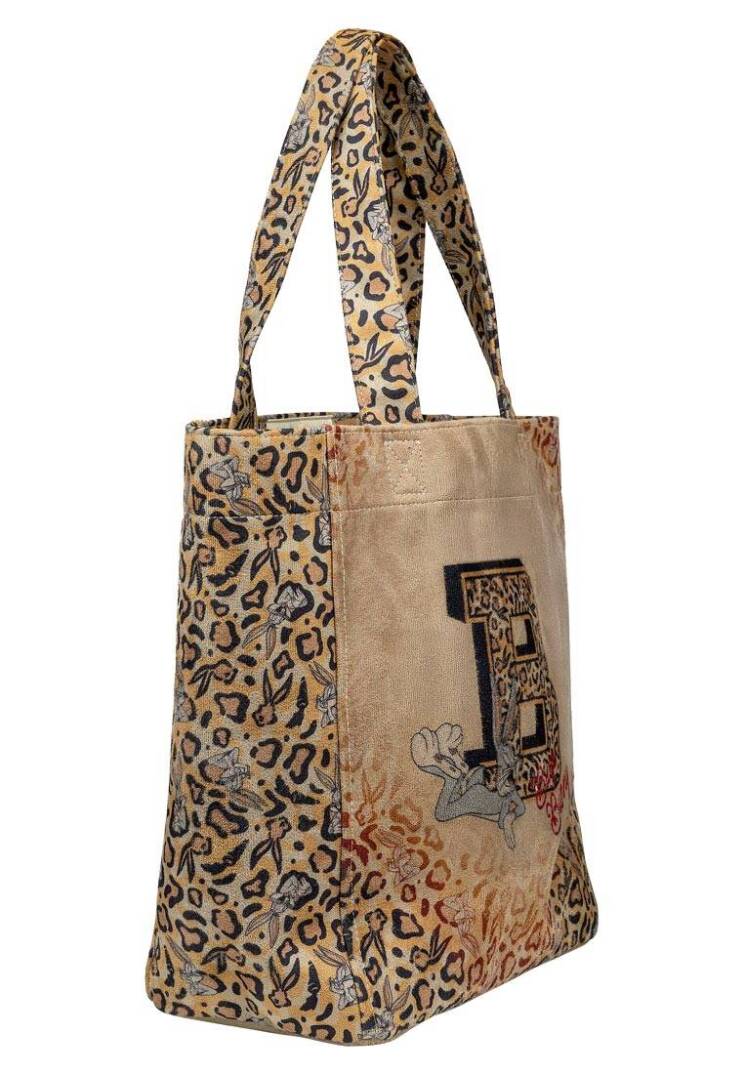 Kadın Vegan Krem Leopar Large Tote Bag - Warner Bros Looney Tunes Leopard Bugs Bunny Tasarım - 6