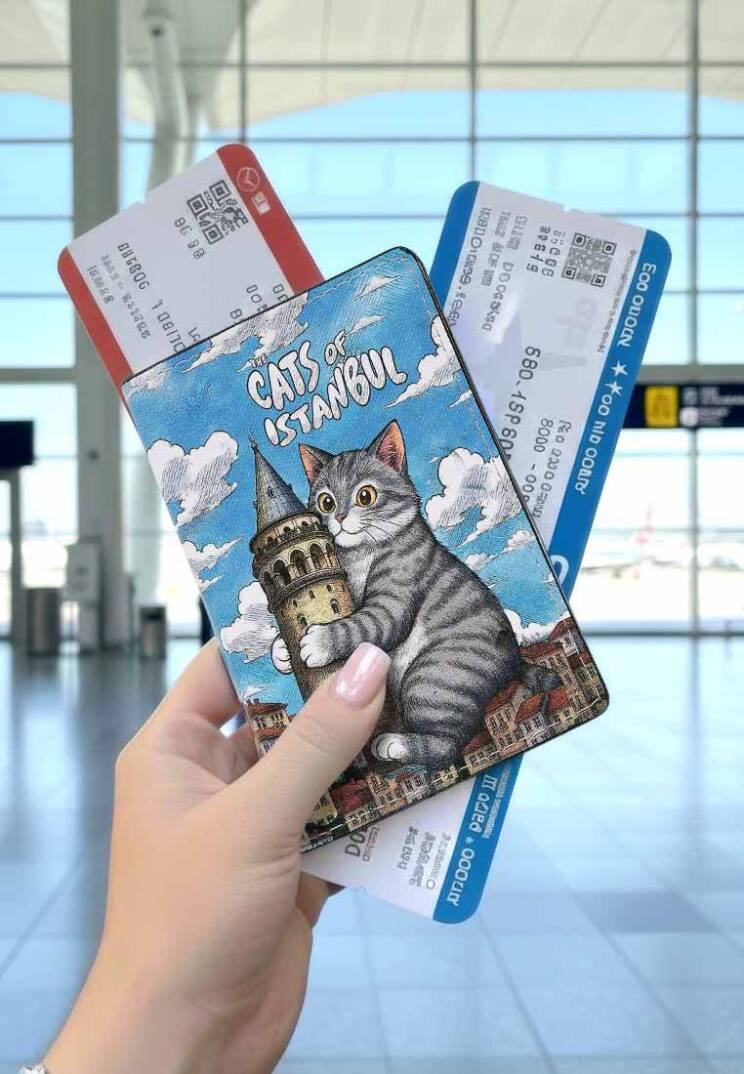 Синяя Обложка на Паспорт из Веганской Кожи - Galata Cat - 1