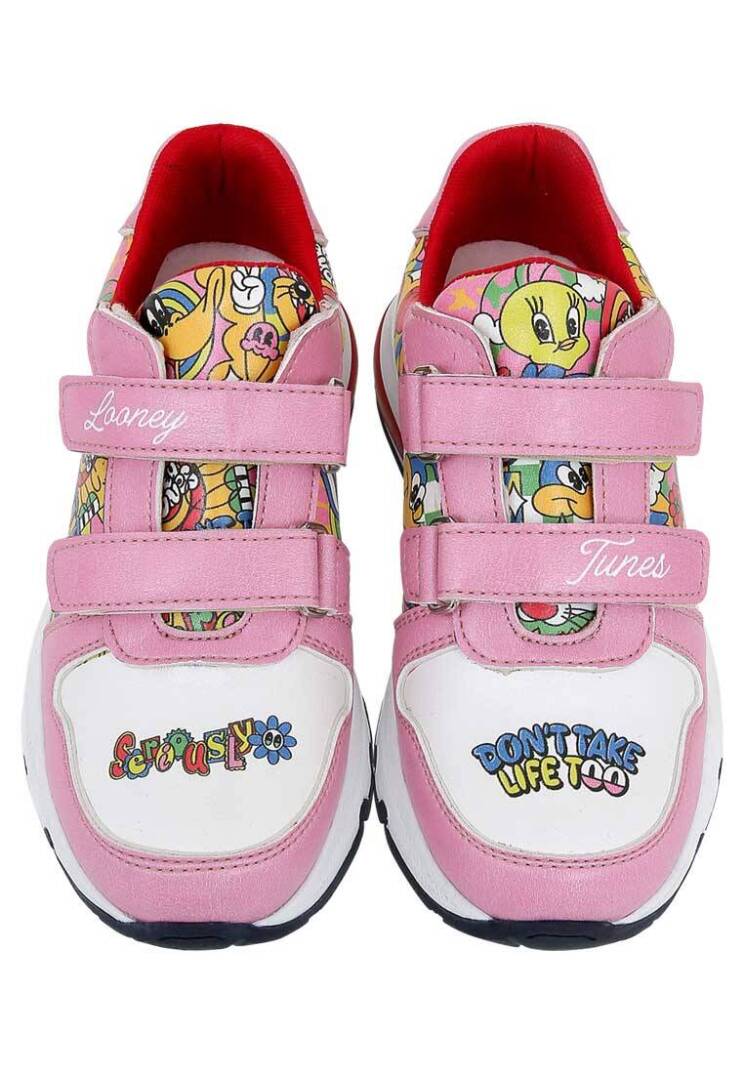 Unisex Çocuk Vegan Deri Cırt Cırtlı Pembe Sneakers - Warner Bros Seriously Looney Tunes Tasarım - 4