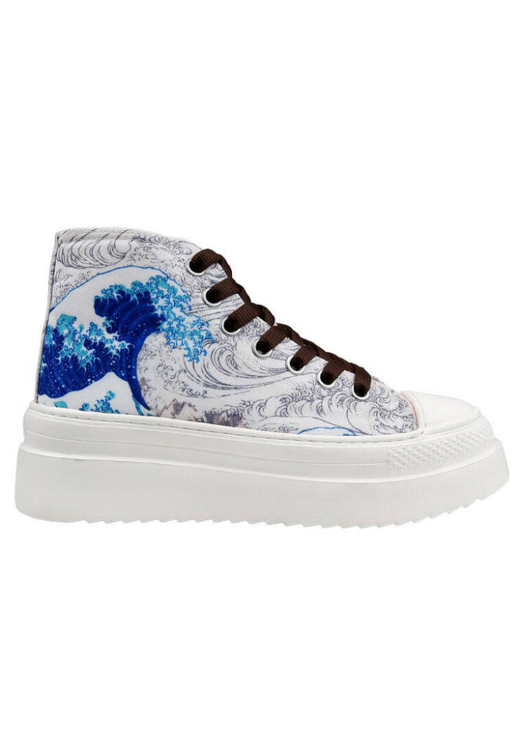 Women Vegan Beige Platform High Sneakers - Japanese Waves - 6