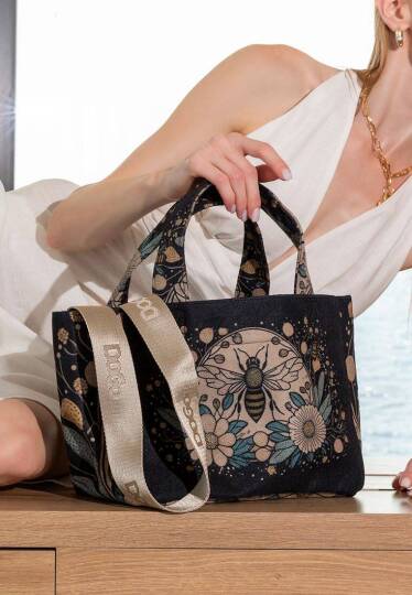 Women Vegan Leather Anthracite Medium Tote Bag - Bee with Flowers - 3