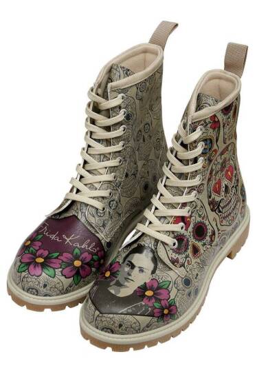 Women Vegan Leather Beige Tall Boots - Remembrance Of Frida Kahlo