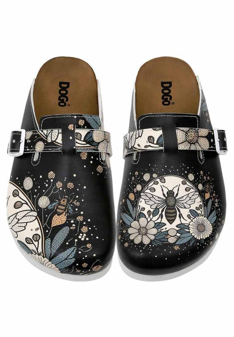Women Vegan Leather Black Cork Sole Slippers - Bee with Flowers - 3
