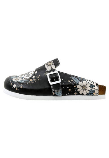 Women Vegan Leather Black Cork Sole Slippers - Bee with Flowers - 4