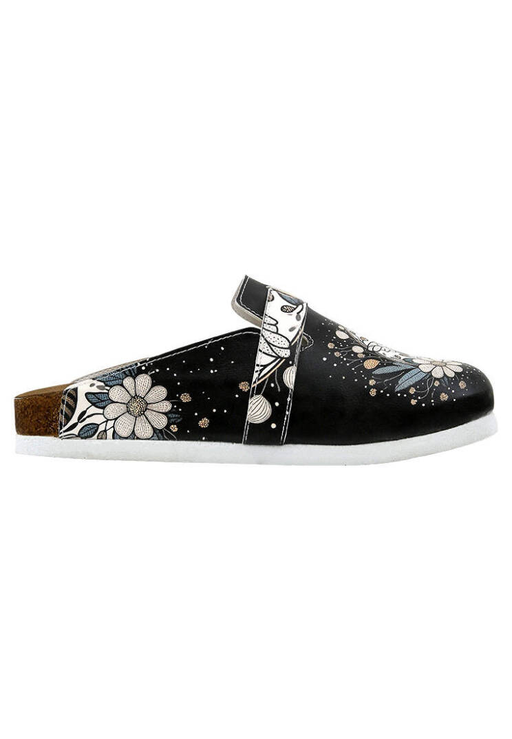 Women Vegan Leather Black Cork Sole Slippers - Bee with Flowers - 5