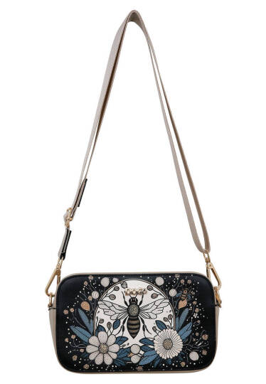 Women Vegan Leather Black Handbag - Bee with Flowers