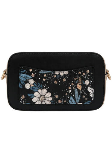 Women Vegan Leather Black Handbag - Bee with Flowers - 3