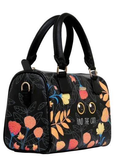 Women Vegan Leather Black Handbag - Find the Cat - 3
