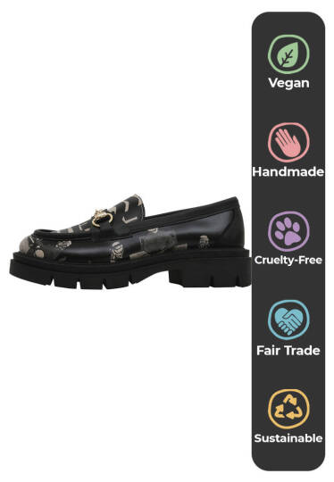 Women Vegan Leather Black Loafers - Supper BlackWhite - 5