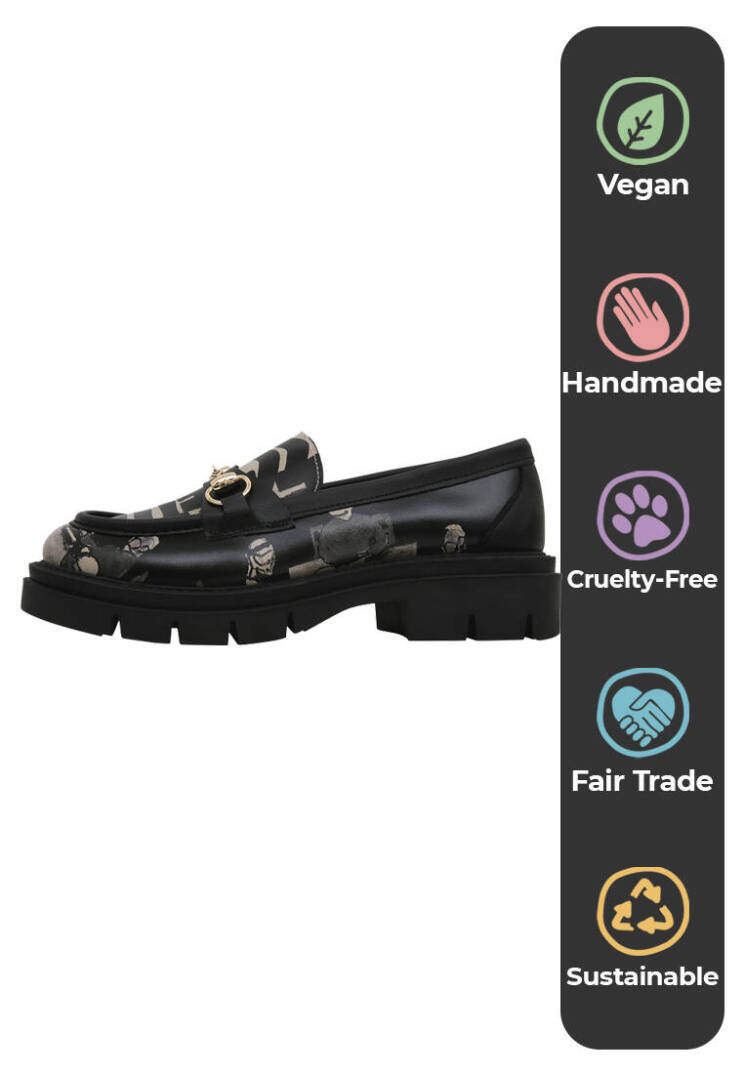 Women Vegan Leather Black Loafers - Supper BlackWhite - 5