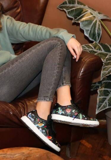 Women Vegan Leather Black Sneakers - Flowers & Birds