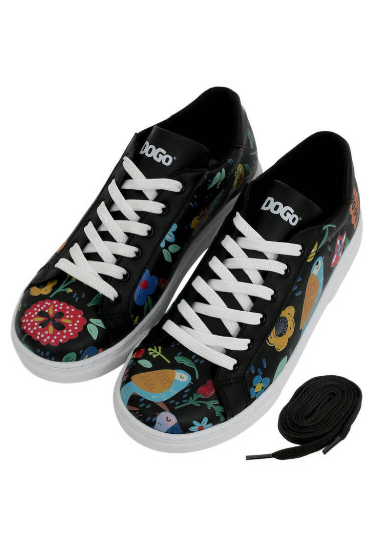 Women Vegan Leather Black Sneakers - Flowers & Birds - 2