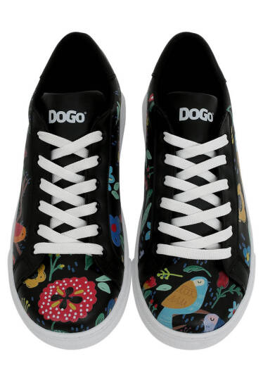 Women Vegan Leather Black Sneakers - Flowers & Birds - 4