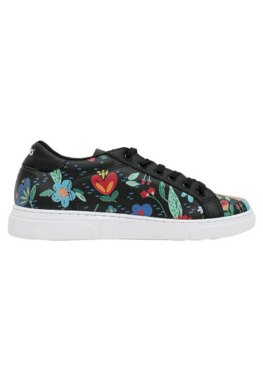 Women Vegan Leather Black Sneakers - Flowers & Birds - 7