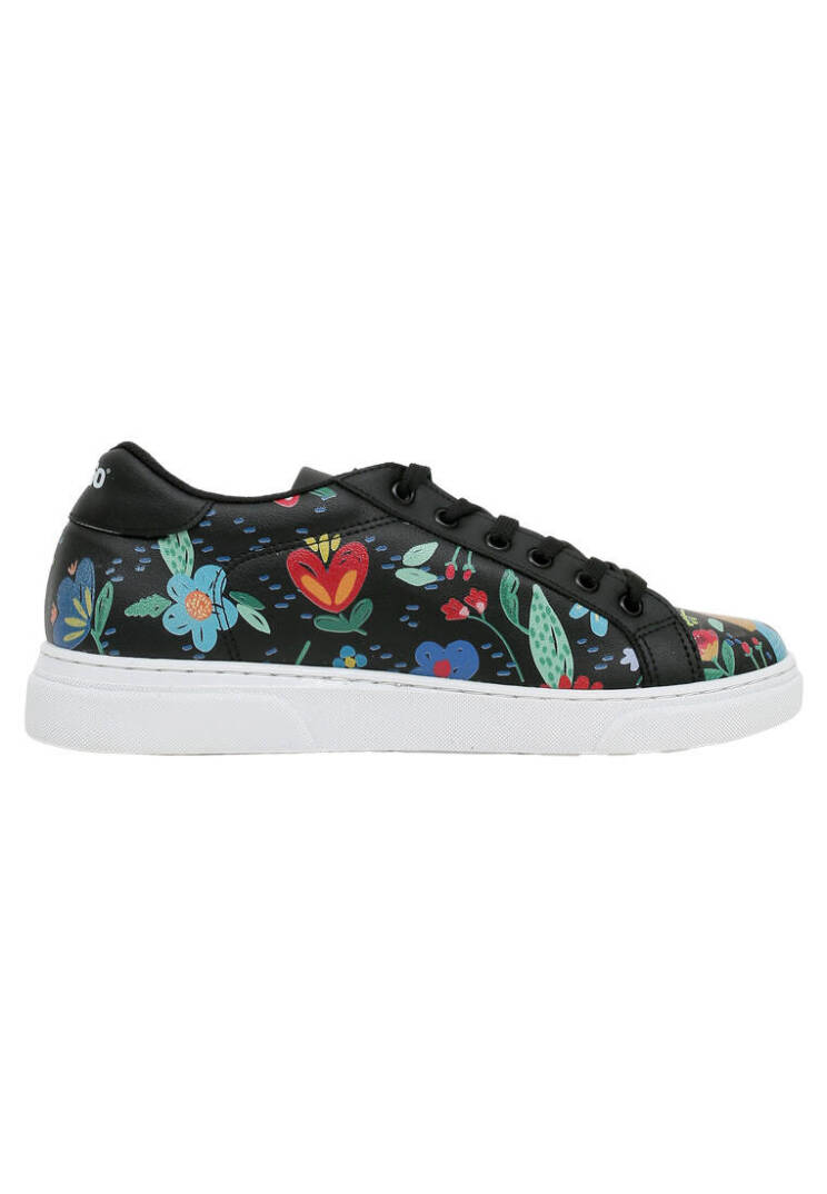 Women Vegan Leather Black Sneakers - Flowers & Birds - 7