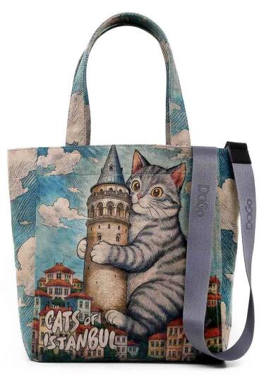 Women Vegan Leather Blue Large Tote Bag - Galata Cat