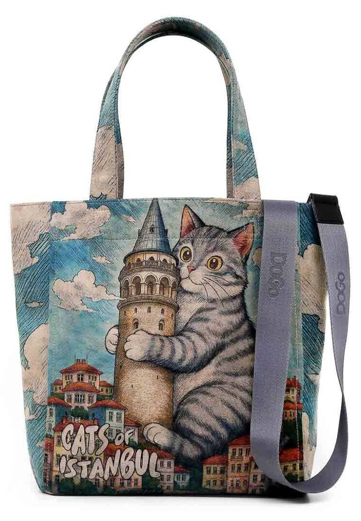 Women Vegan Leather Blue Large Tote Bag - Galata Cat - 1