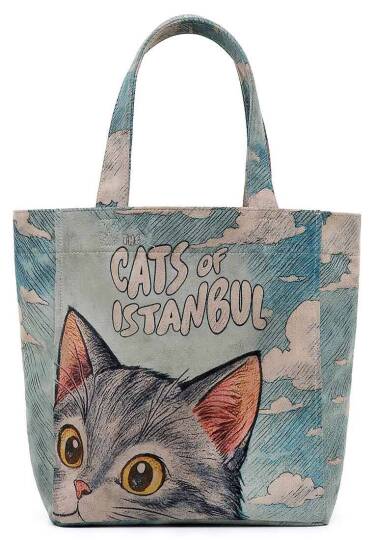 Women Vegan Leather Blue Large Tote Bag - Galata Cat - 2
