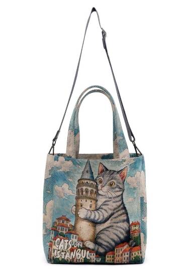 Women Vegan Leather Blue Large Tote Bag - Galata Cat - 3