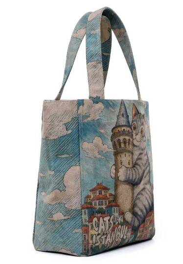 Women Vegan Leather Blue Large Tote Bag - Galata Cat - 5