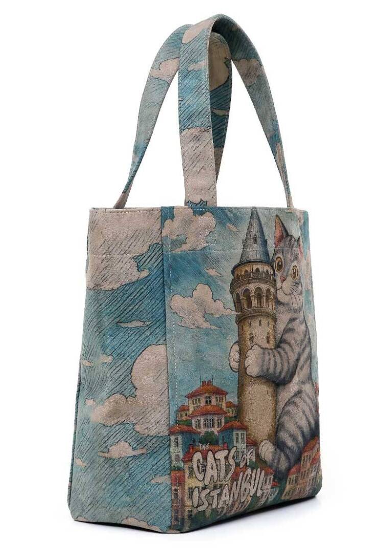 Women Vegan Leather Blue Large Tote Bag - Galata Cat - 5
