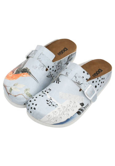 Women Vegan Leather Blue Slippers - Birds Chirping