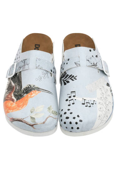 Women Vegan Leather Blue Slippers - Birds Chirping - 2