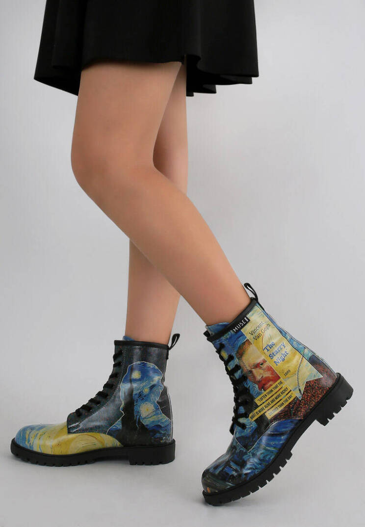 Women Vegan Leather Blue Tall Boots - Vincent van Gogh The Starry Night Collage Muse - 1