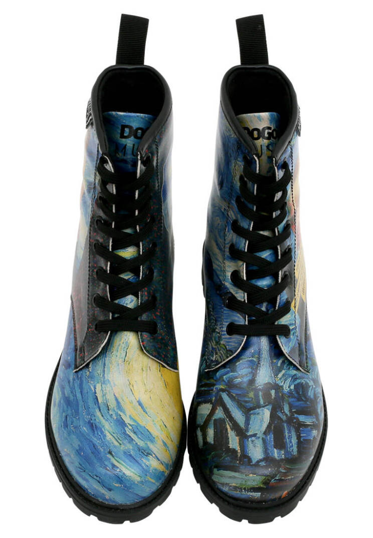 Women Vegan Leather Blue Tall Boots - Vincent van Gogh The Starry Night Collage Muse - 3